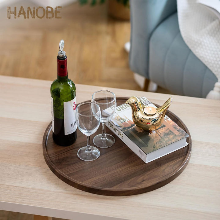 Hanobe Deko Tablett Serviertablett Rund: Rustikal Gross Walnuss Holztablett Nussbaumholz Holz Klein