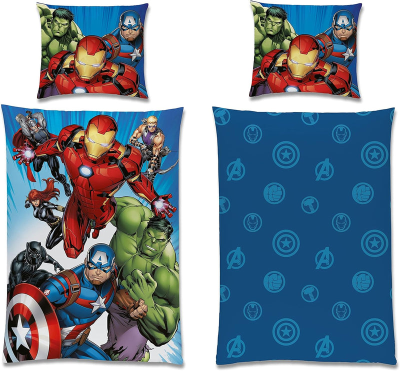 Marvel Avengers Bettwäsche zum Wenden · Comic Style · Set 135x200cm + 80x80cm · 100% Baumwolle mit R