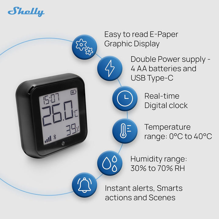 Shelly AZ H&T Schwarz, WLAN Smart Temperatur- und Feuchtigkeitssensor, Schnelle Verbindung mit Alexa