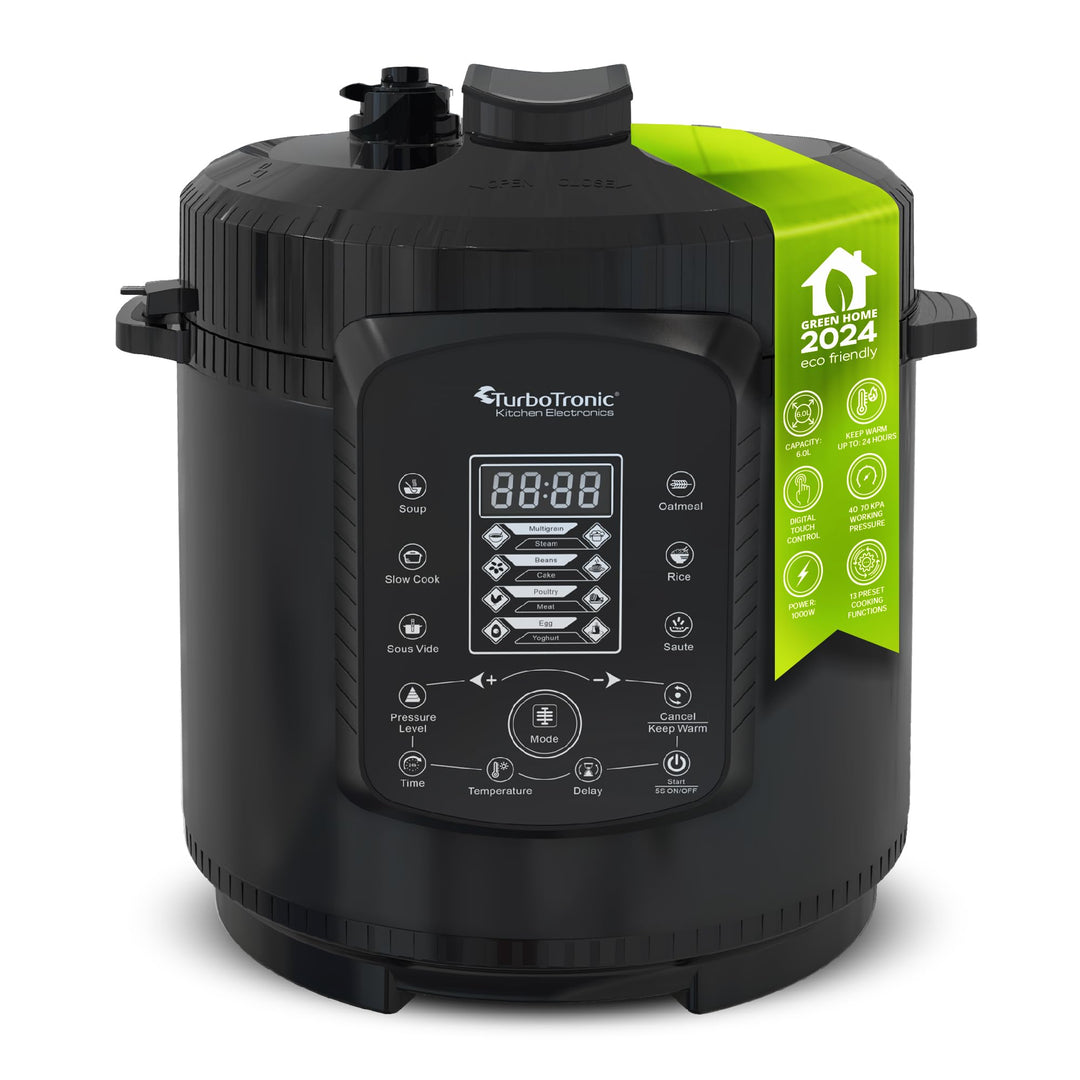 TurboTronic Druckkochtopf 6L mit 2x Topf Edelstahltopf und beschichtet, Dampfgarer, Multikocher, ele
