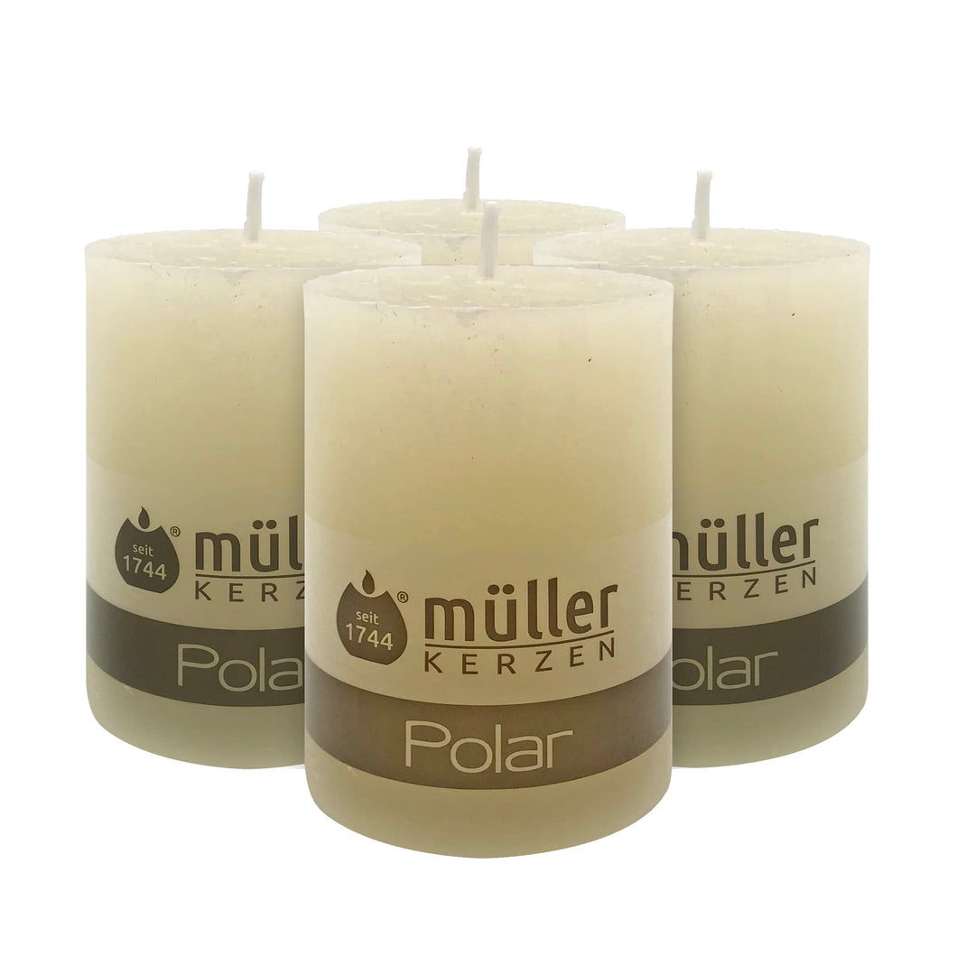 Müller Kerzen POLAR Stumpenkerzen mit Raureif-Effekt - Set mit 4 Rustikale Kerzen - Elfenbein - 68 x