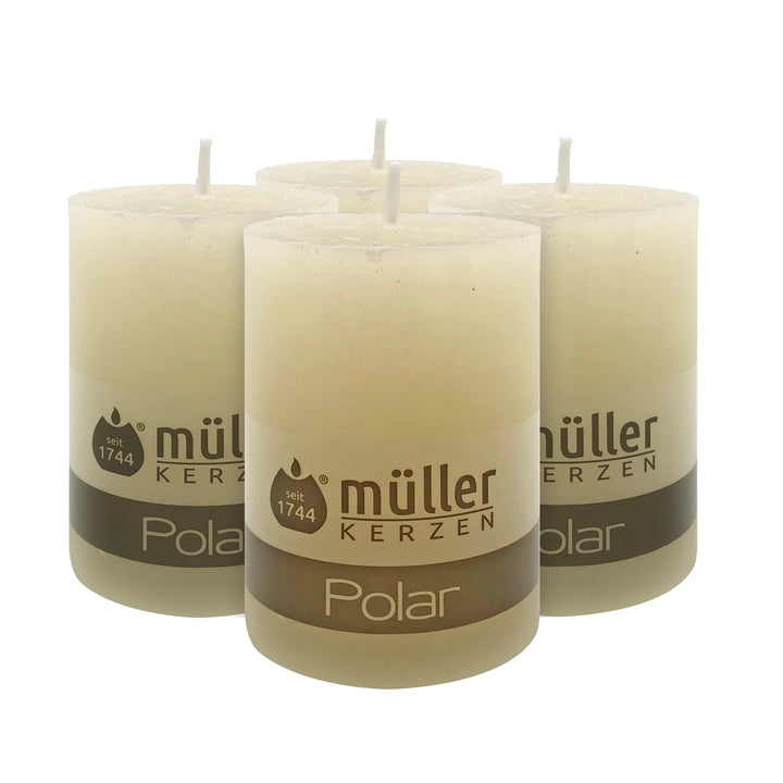 Müller Kerzen POLAR Stumpenkerzen mit Raureif-Effekt - Set mit 4 Rustikale Kerzen - Elfenbein - 68 x