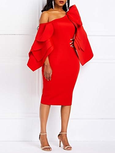 VERWIN figurbetontes Kleid für Damen, langärmlig, knielang, Rüschen, Ärmel, schulterfrei XXL Rot, XX