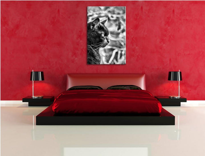 Monocrome, schwarze Katze, Format: 100x70 auf Leinwand, XXL riesige Bilder fertig gerahmt mit Keilra