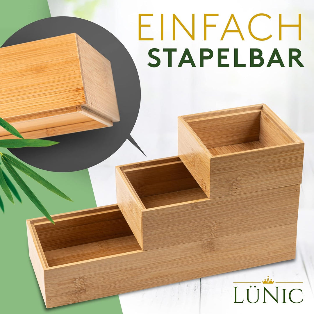 LÜNIC Schubladenbox Bambus - Sortierbox Aufbewahrung Schubladen [6 Teile] - Nachhaltige Bambus Box f