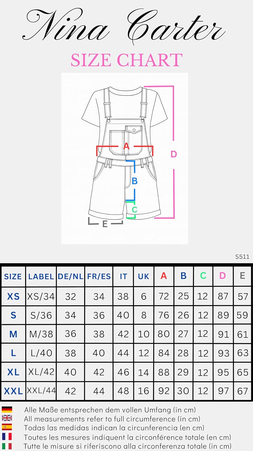 Nina Carter S511 Damen Jeans Latzshorts – Kurze Latzhose aus Denim mit Brusttaschen &amp; Knöpfen – Somm