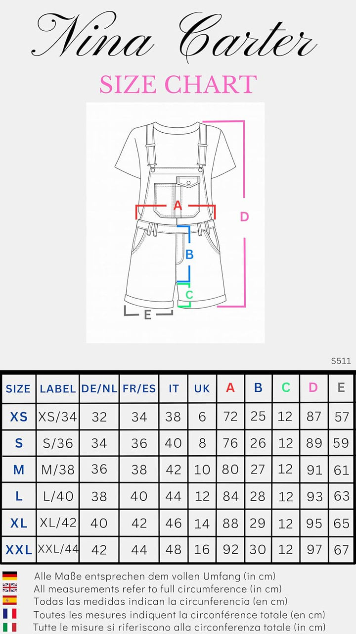 Nina Carter S511 Damen Jeans Latzshorts – Kurze Latzhose aus Denim mit Brusttaschen & Knöpfen – Somm