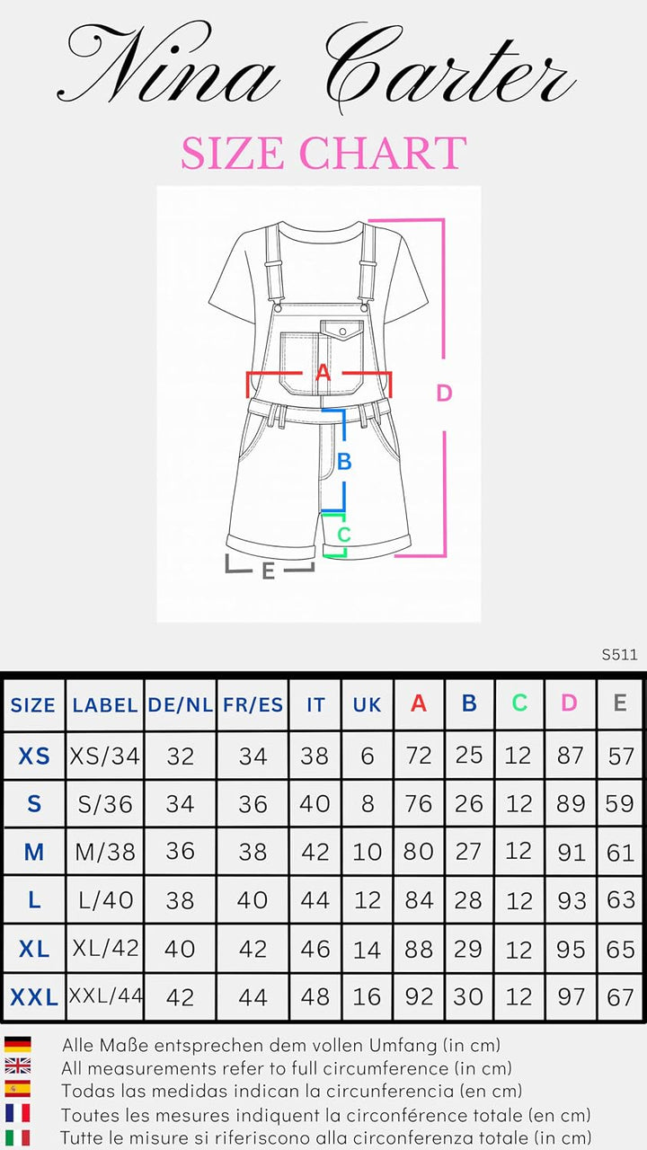 Nina Carter S511 Damen Jeans Latzshorts – Kurze Latzhose aus Denim mit Brusttaschen &amp; Knöpfen – Somm