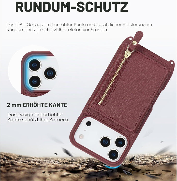 ELTEKER Handyhülle für iPhone 17 Pro Max Hülle mit Band, Kartenfach Reissverschluss Geldbörse, Handy