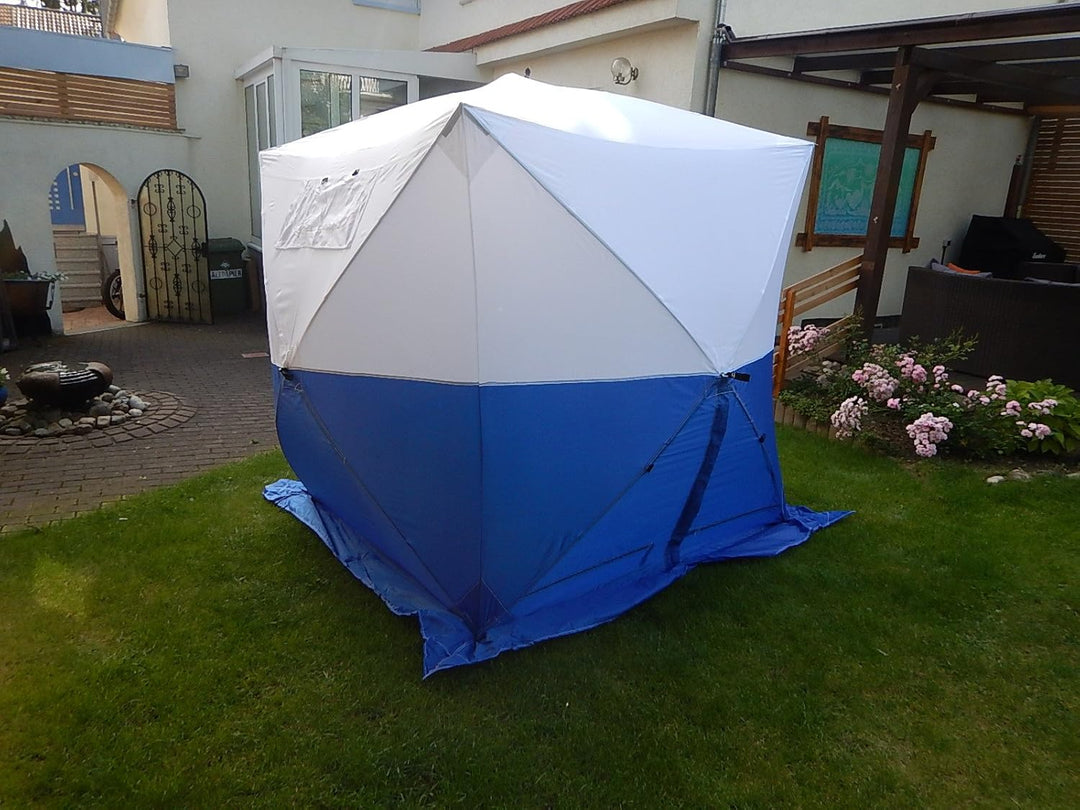 Bauzelt blau/weiss, Montagezelt, Baugrubenzelt, leicht und in 30 Sek. Auf- und abgebaut, vom Deutsch
