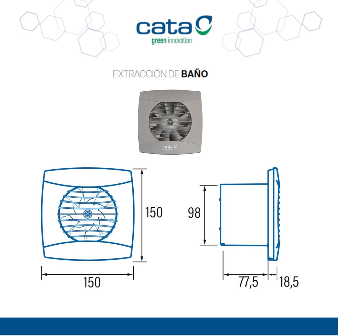 Cata UC-10 Standard Turbine Ø 100 WC Bad-Lüfter 110 m³/h 26 dB (A) Decken Wandmontage (grau/Silber)