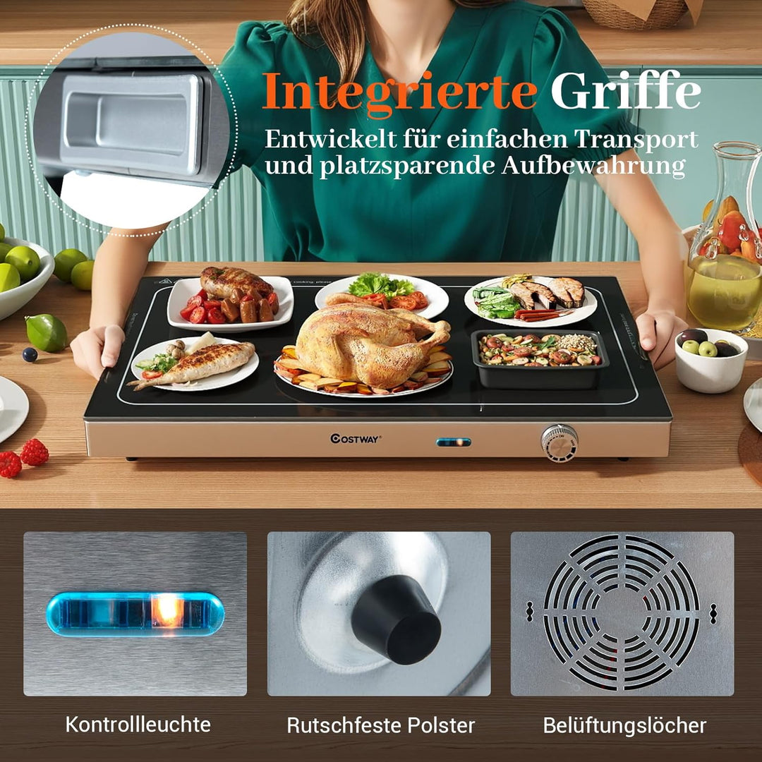 COSTWAY Warmhalteplatte elektrisch, Speisewärmer mit Gehärteter Glasoberfläche und Thermostat bis 12