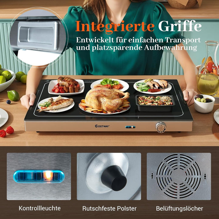 COSTWAY Warmhalteplatte elektrisch, Speisewärmer mit Gehärteter Glasoberfläche und Thermostat bis 12