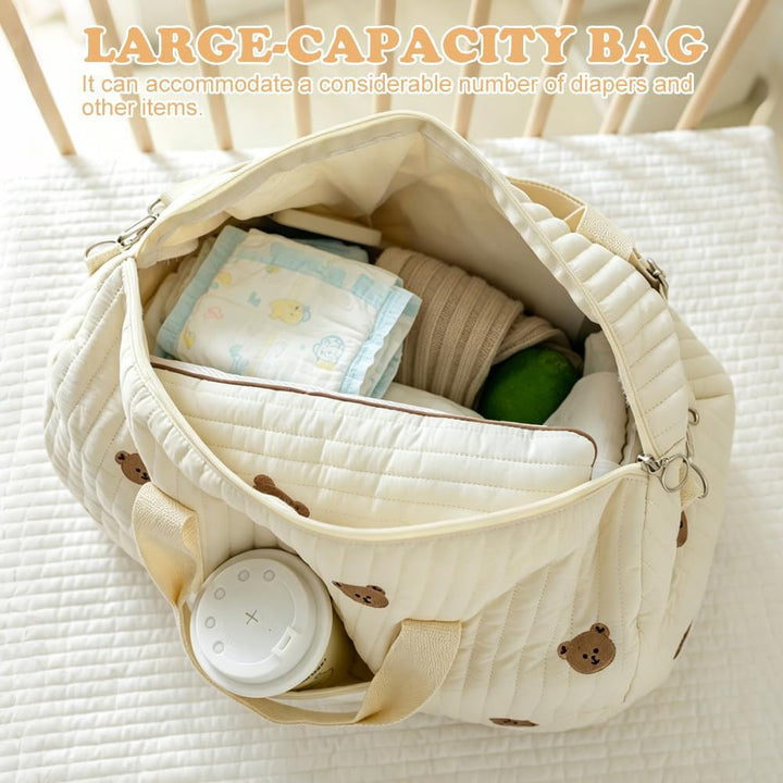 Wickeltasche Kliniktasche Geburt Grosse 2er Set, Mommy Bag aus Baumwolle mit Stickerei & Teddybär-Mu