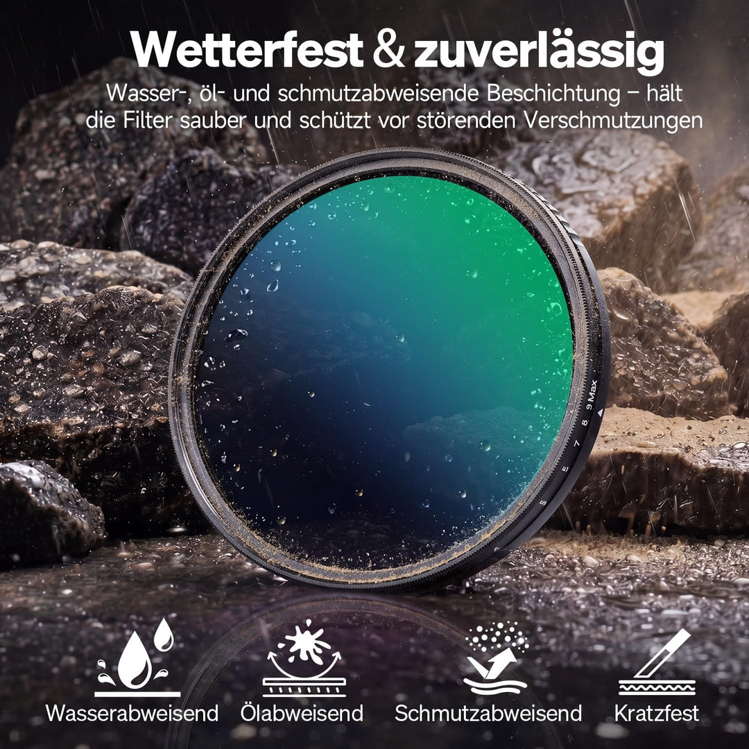 Rollei Variabler ND Filter, F:X Pro Variabler Rundfilter - ND8 bis ND 512 aus Gorilla® Glas mit 3-9