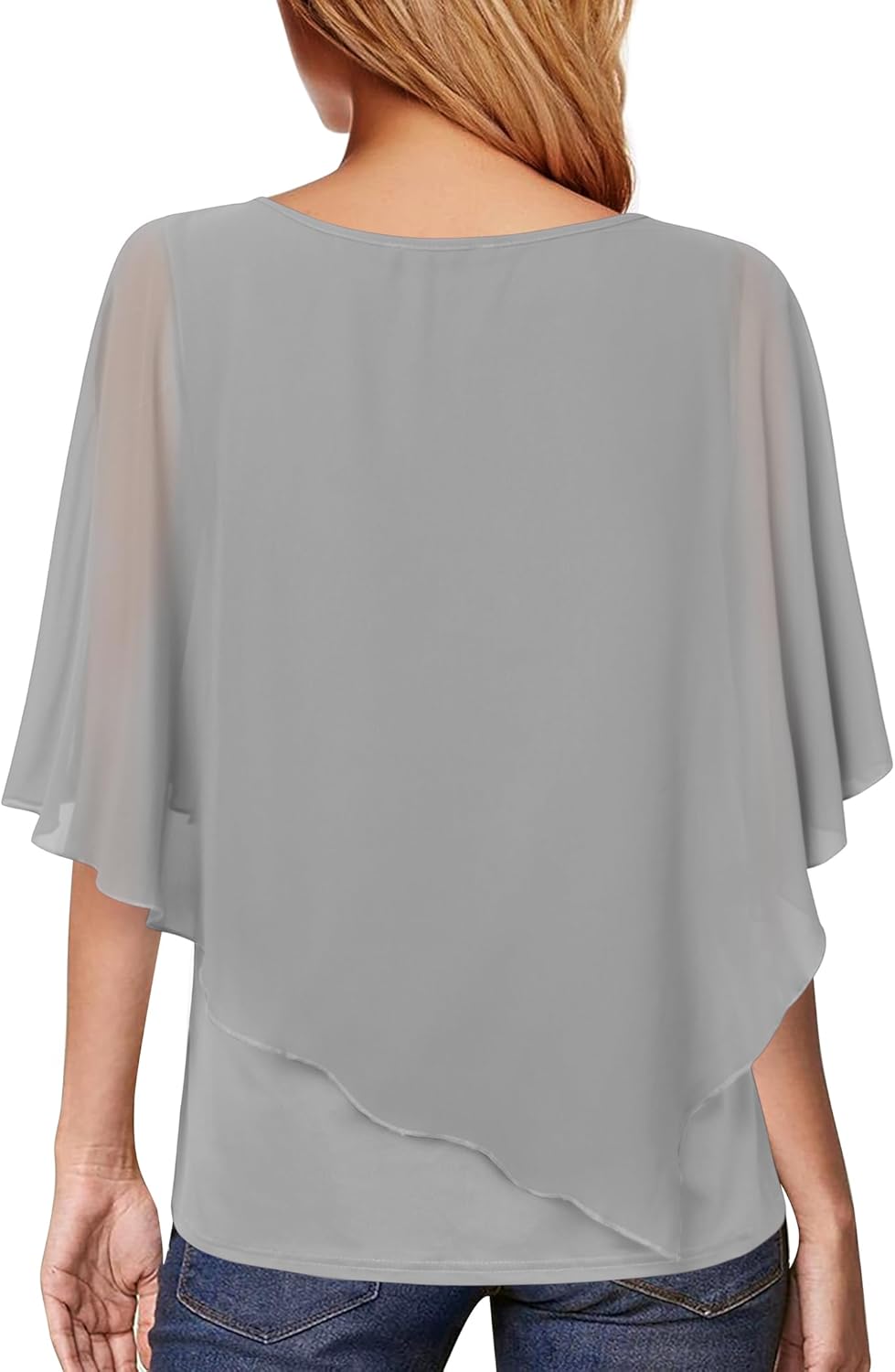 Damen Chiffon Lose Fledermaus Bluse mit Kurzen Flatter ärmel Leichte Fliessende Bluse Rundhalsaussch