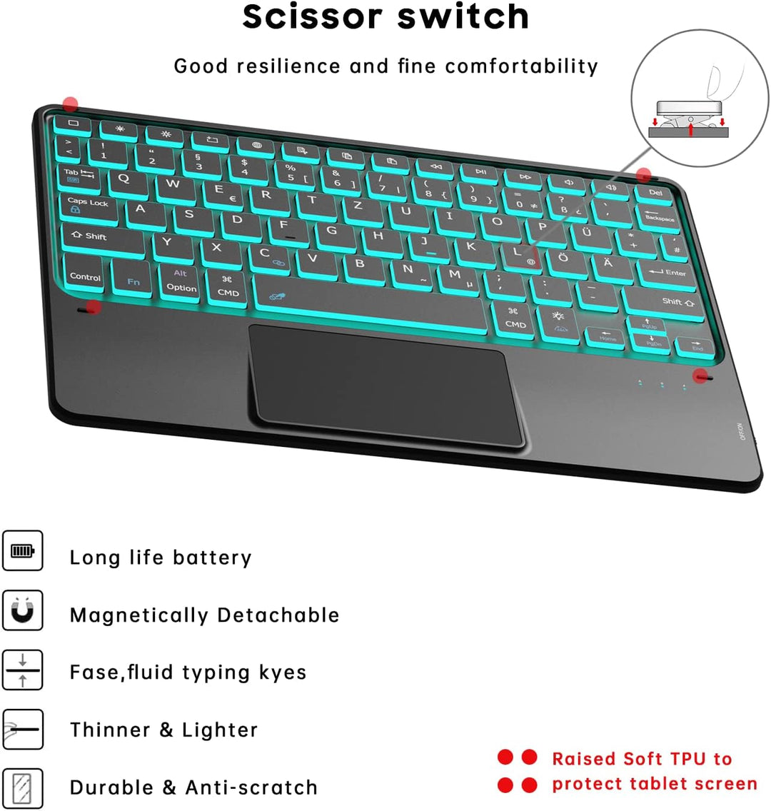 ROOFEI iPad 10. Generation Hülle mit Tastatur QWERTZ - 7 Farbige Hintergrundbeleuchtete Multi-Touch-