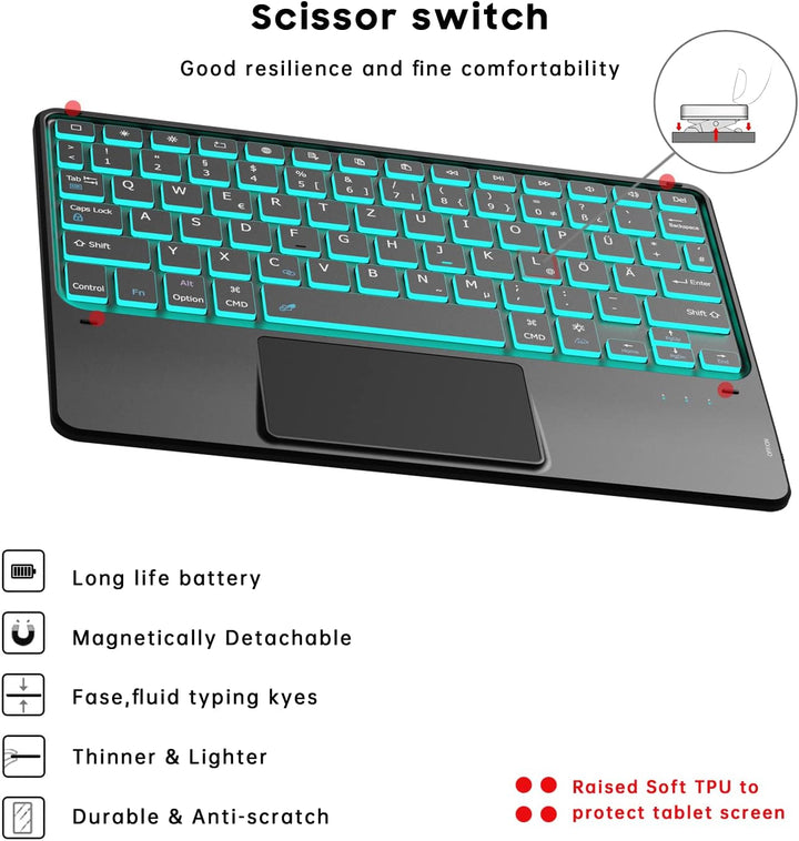 ROOFEI iPad 10. Generation Hülle mit Tastatur QWERTZ - 7 Farbige Hintergrundbeleuchtete Multi-Touch-