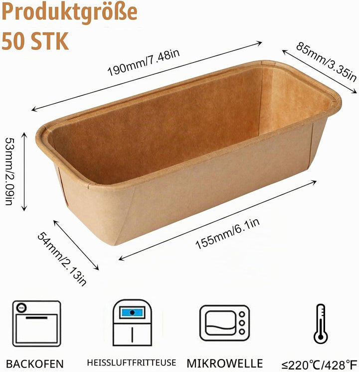 Kastenform Kuchen 50 Stück Papierbackform 15.5x5.4x5.3cm Einweg Kuchenformen Brot Rechteck Kasten Pa