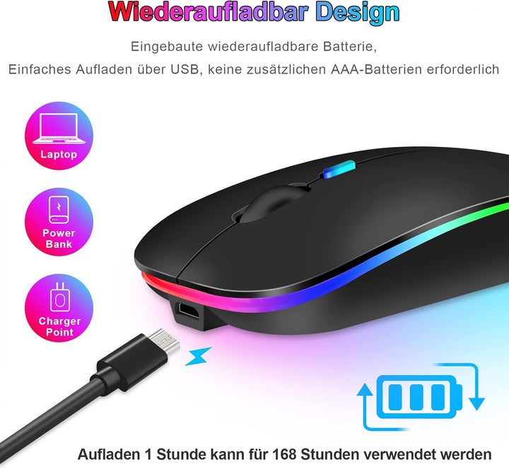 Bluetooth Maus kabellos (Bluetooth 5.1 + USB 2,4 GHz) LED Dual Mode- Wiederaufladbare Optische Offic