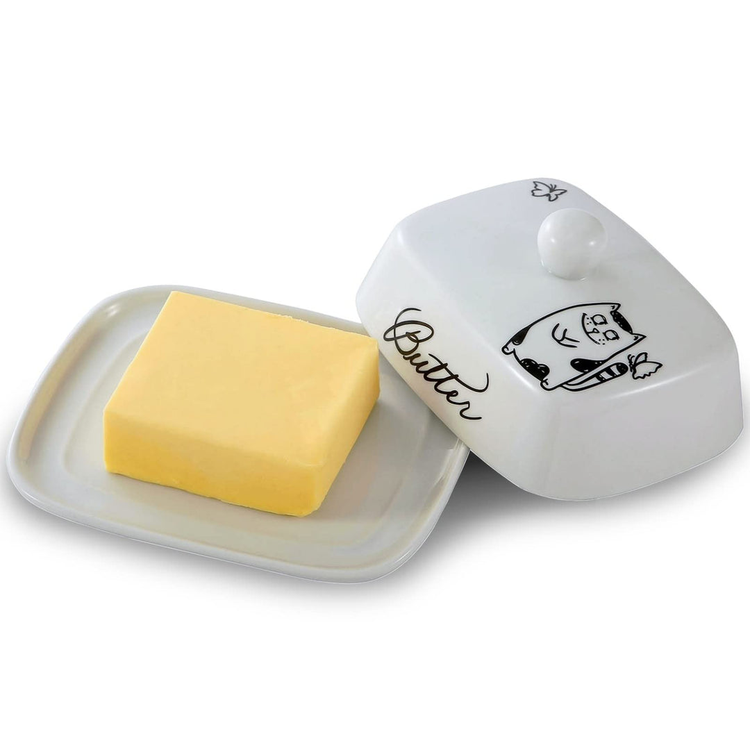 Butterdose mit Griff für 250g Butter, Hochwertige Keramik, Weiss mit Schwarzem Katzenmuster, Porzell