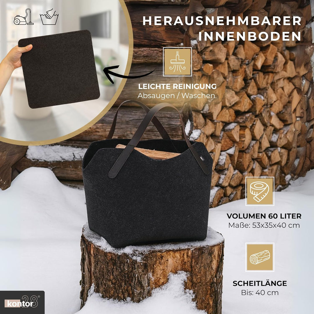 kontor28® - Kaminholzkorb aus Premium Filz 100% MADE IN GERMANY | Brennholzkorb Füllvolumen 65 L mit