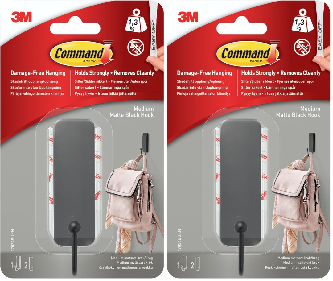 Command 17034MB-EF Haken, Medium, matt, Schwarz, 17034MB, Einheitsgrösse (Packung mit 2) Gebürsteter
