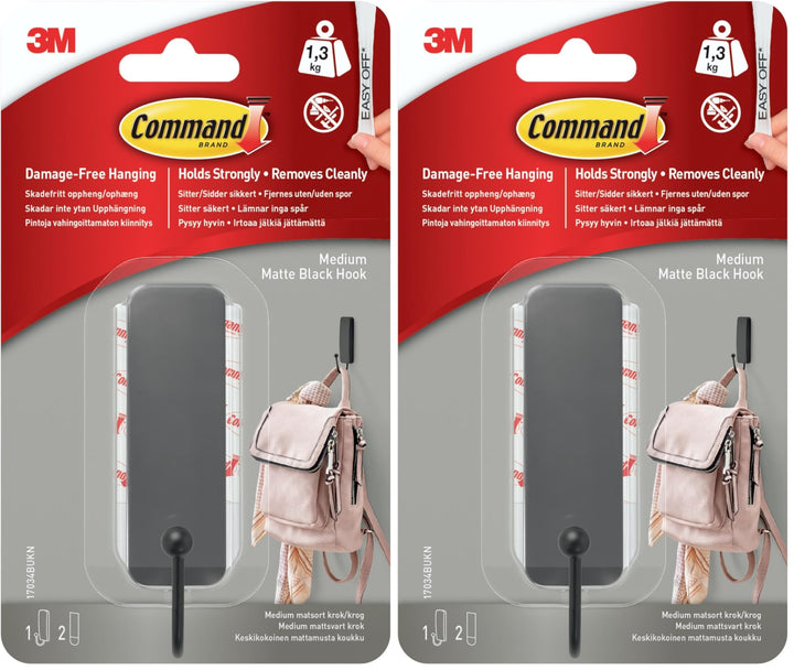 Command 17034MB-EF Haken, Medium, matt, Schwarz, 17034MB, Einheitsgrösse (Packung mit 2) Gebürsteter