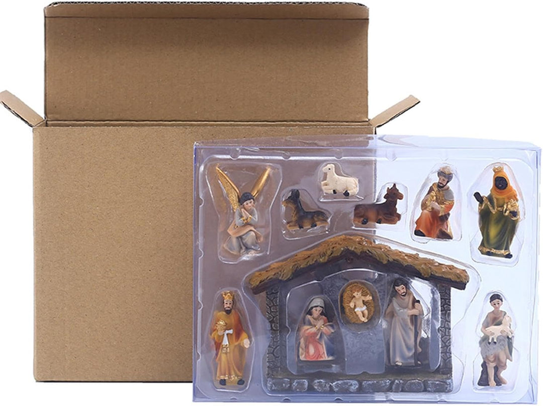 Weihnachtskrippe Komplettset, Weihnachtskrippe mit Figuren, Weihnachtsfiguren Krippe aus Kunstharz,