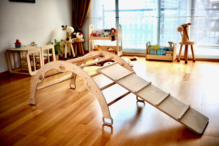 Montessori Kletterbogen | Bogen mit zweiseitiger Leiterrampe & Kissen | Kletterbogen aus Holz | Klet