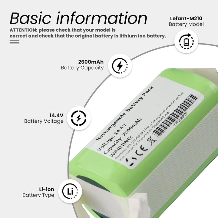 Batterie 2600mAh für Lefant M210 M210P M213 | 14.4V Lithium-Ionen Vacuum Batterie passend für Lefant