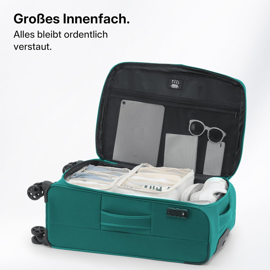 Stoffkoffer erweiterbar mit Frontfächern,15% Extra-Volumen, TSA-Schloss, 360° Doppelrollen & verdeck
