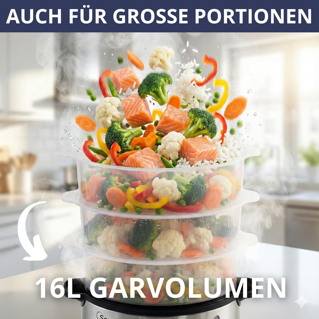 STEAMY 800 Dampfgarer elektrisch,16L XXL Dampftopf, 1200ml Wasserbehälter, 800W, BPA-frei, 3 Dampfga