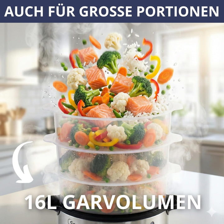 STEAMY 800 Dampfgarer elektrisch,16L XXL Dampftopf, 1200ml Wasserbehälter, 800W, BPA-frei, 3 Dampfga