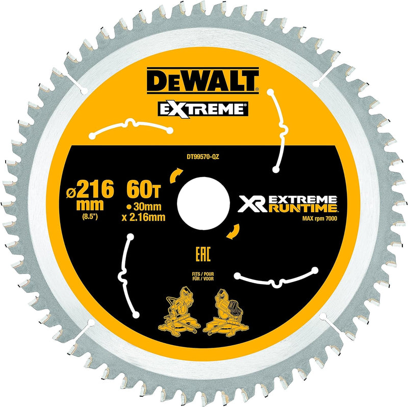 Dewalt XR Extreme Runtime Kreissägeblatt DT99570 (216/30 mm, 60 WZ/FZ, 7°, für extra feine Schnitte,