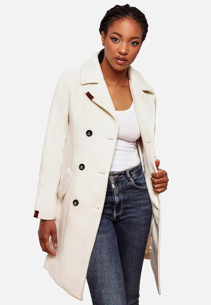 MARIKOO Damen Wollmantel Langer Trenchcoat mit Reversekragen Nanakoo XS-XXL XL Offwhite, XL Offwhite