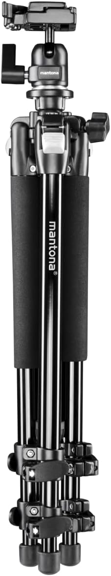 Mantona Basic Scout Fotostativ, Kamerastativ bis 144cm, inkl. robuster Kugelkopf, Wasserwaage, umkeh