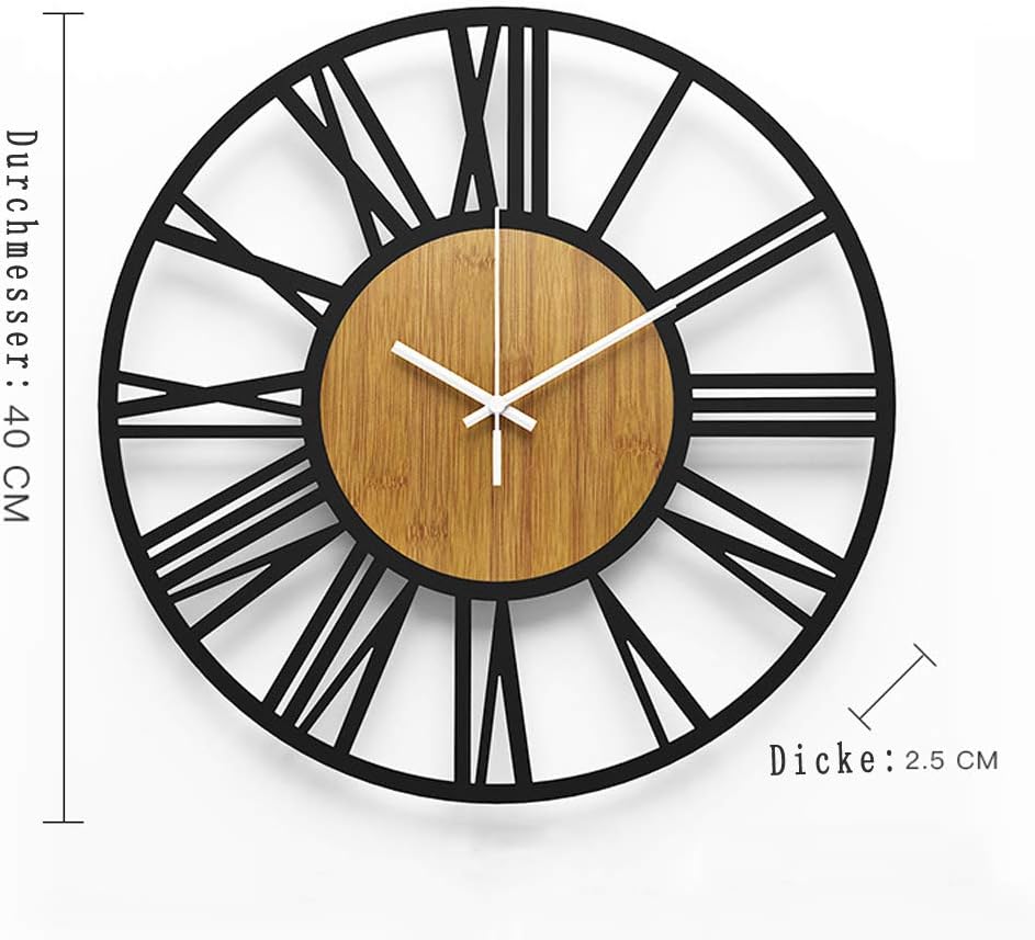 HAITANG Runde Wanduhr, schwarz, 40 cm, für Wohnzimmer, Dekoration, Vintage-Stil, römische Ziffern, g
