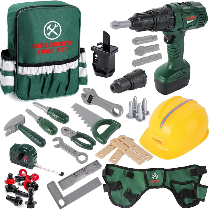 deAO Werkzeugkoffer Kinder, Werkzeug Spielzeug Set mit Elektrische Bohrmaschine, Rucksack, Helm und