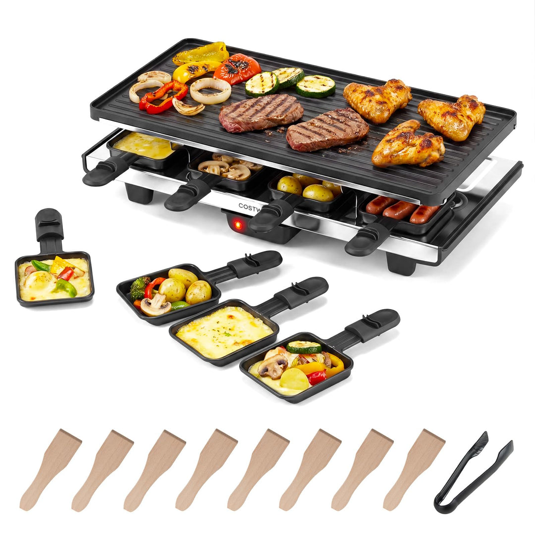 COSTWAY Raclette Grill für 8 Personen, elektrischer Grill mit 2-in-1 wendbarer Antihaft-Grillplatte