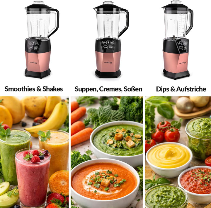 LEHMANN Standmixer & Smoothie Maker 2-in-1, Mixbehälter 1500 ml und To-Go-Trinkflasche 800 ml, 4 Ges