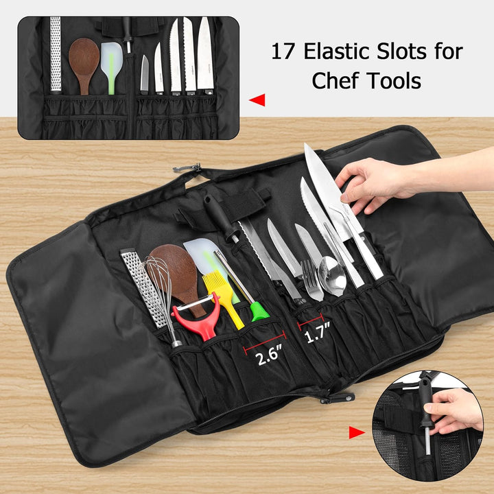samdew Koch Messer Tasche mit 17 + 6 Utensilien Fächern, Tragbarer Messer Satz Träger für Aufbewahru
