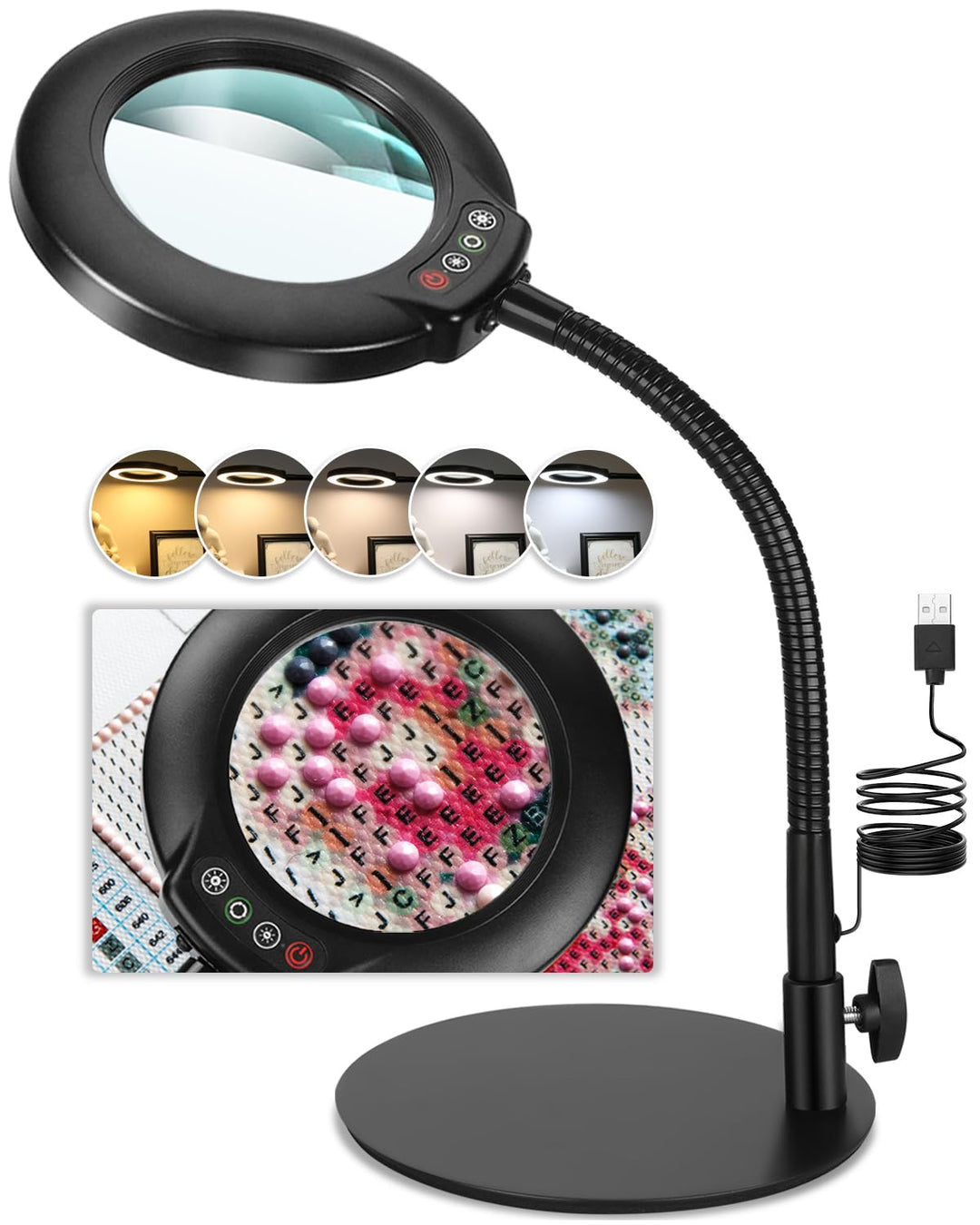 Veemagni 10X Lupe mit Licht und Ständer, 5 Farbmodi stufenlos dimmbare LED beleuchtete Schreibtischl