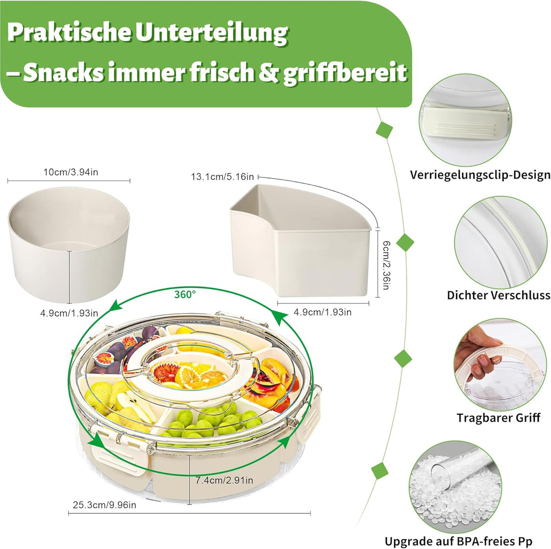 Snackle Box Drehbar mit Griff, 6 Herausnehmbare Fächer, Snackbox Spülmaschinenfest, Snackdose mit De