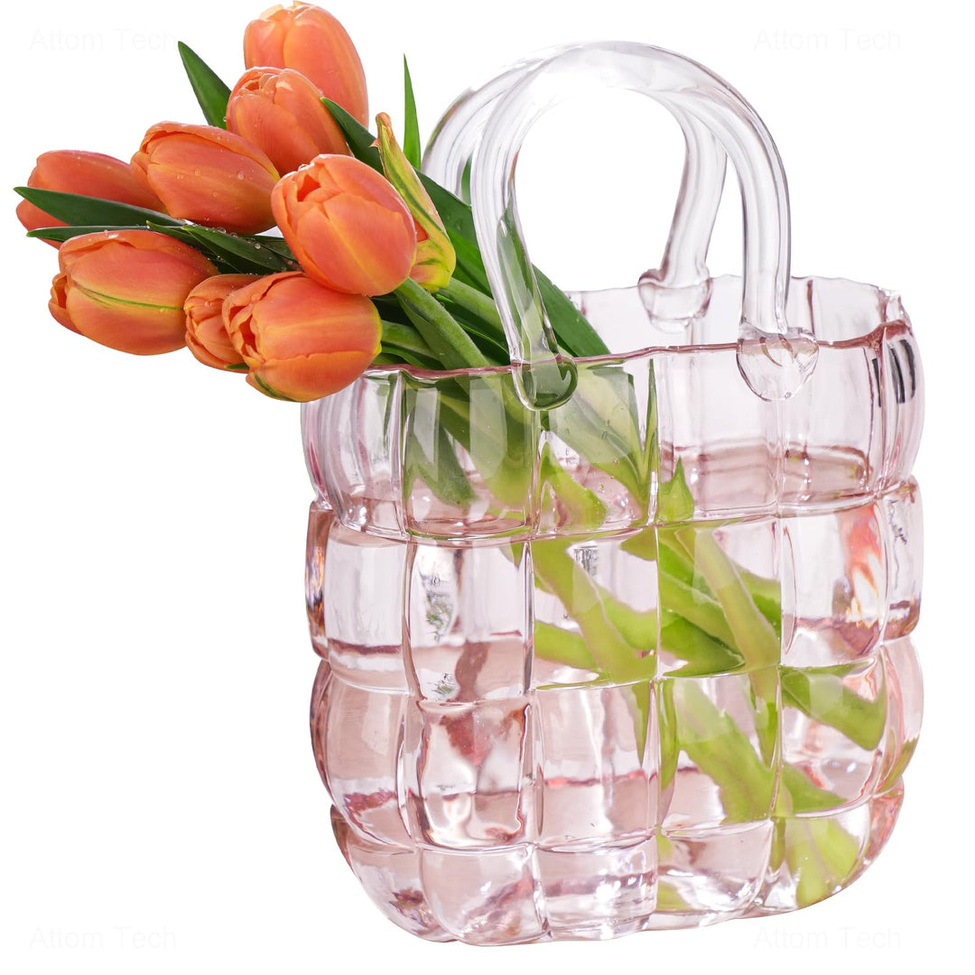 NiHome Glas-Geldbörsen-Vase, rosa Glas-Taschen-Vase mit Griff, Handtaschen-Form, Vase für Blumen, Ba