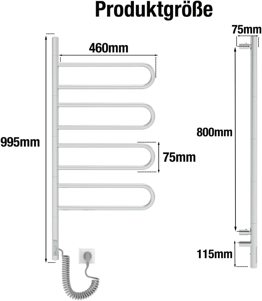 Elna® Handtuchheizkörper Elektrisch Chrom 100x46 cm, 103W - Badheizkörper Elektrisch Handtuchwärmer