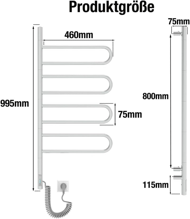 Elna® Handtuchheizkörper Elektrisch Chrom 100x46 cm, 103W - Badheizkörper Elektrisch Handtuchwärmer