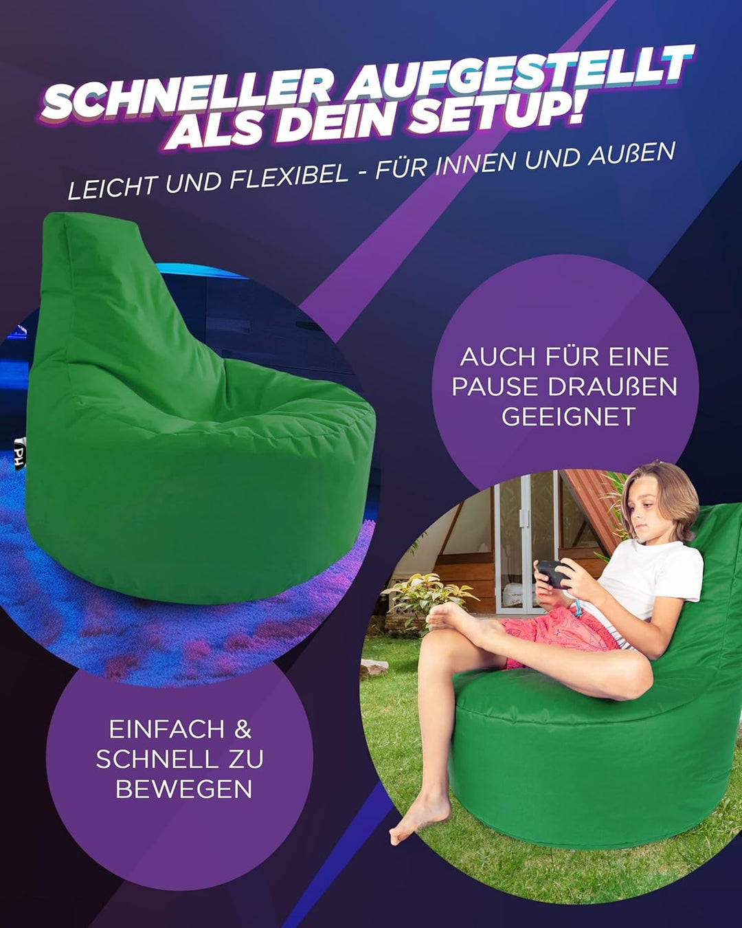 PATCH HOME Gamer Kissen & Lounge Sitzsack – befüllbar mit Reissverschluss, gefüllt mit Styropor, gee