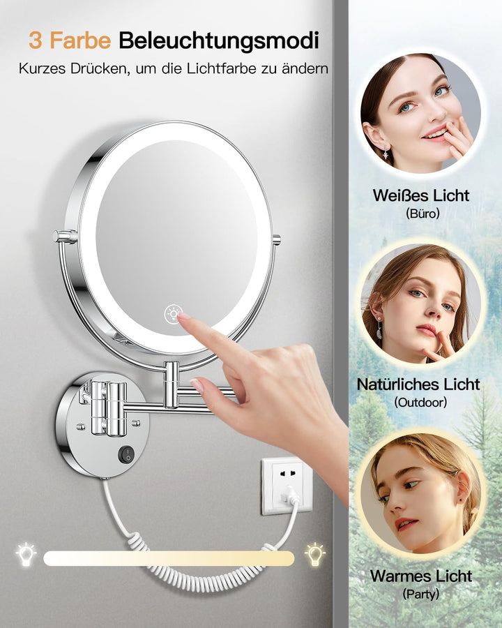 Gospire 9'' Wandmontage Schminkspiegel mit Beleuchtung mit 3 Farben & Dimmable, 1X/10X Vergrösserung