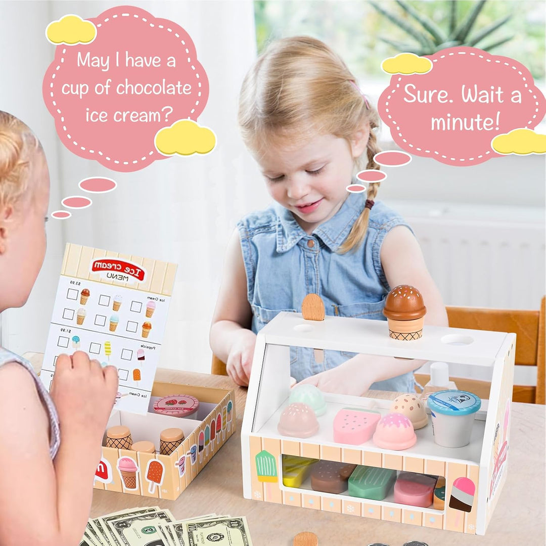 Euakee Eisdiele Kinder Holz, Kinderküche Zubehör Kaufladen Zubehör Kaufmannsladen Zubehör, Eisladen